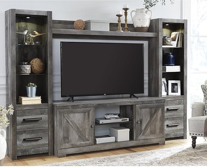 Signature Design by Ashley Wynnlow Rustic 4-Piece Entertainment Center for TVs up to 72" with LED Lighting and Adjustable Shelf, Gray