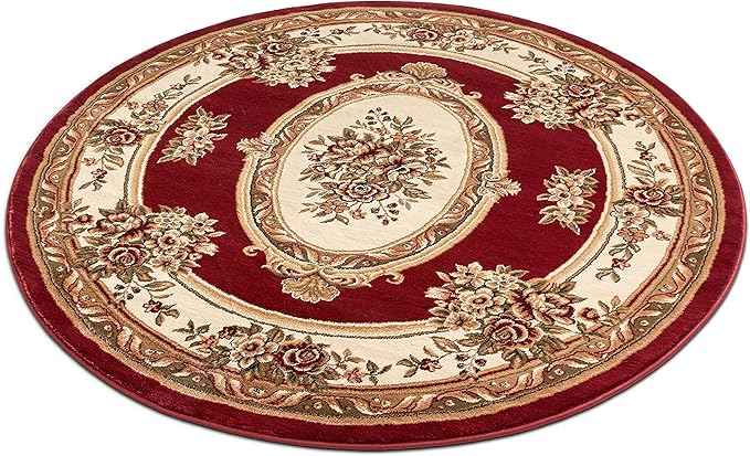 Well Woven Timeless Collection Le Petit Palais Red 8' Foot Round Luxurious Traditional French Medallion Oriental Area Rug Perfect for Living Room Bedroom or Dining Room Easy-to-Clean Durable Design