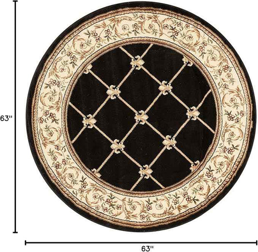 Well Woven Timeless Collection Fleur De Lis Black 5' Foot Round Luxurious Traditional French Aubusson Oriental Area Rug Perfect for Living Room Bedroom or Dining Room Easy-to-Clean Durable Design