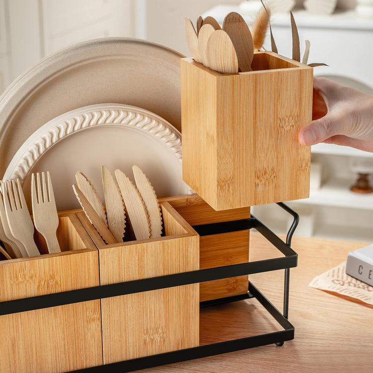 Silverware Caddy Wood Utensil Holder Paper Plate Dispenser Silverware Utensil Caddy Cutlery Flatware Organizer Box for Spoons Forks Plates Napkins