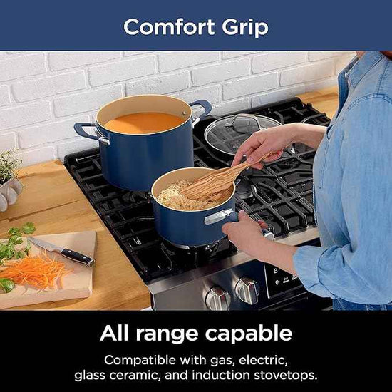 Ninja Ceramic Cookware Set, Extended Life 11-Piece Kitchen Cookware Sets with Comfort Grip, Nonstick Fry Pans, Pots, PTFE Free, Oven & Dishwasher Safe, Stovetop Compatible, Navy Blue, CW49011