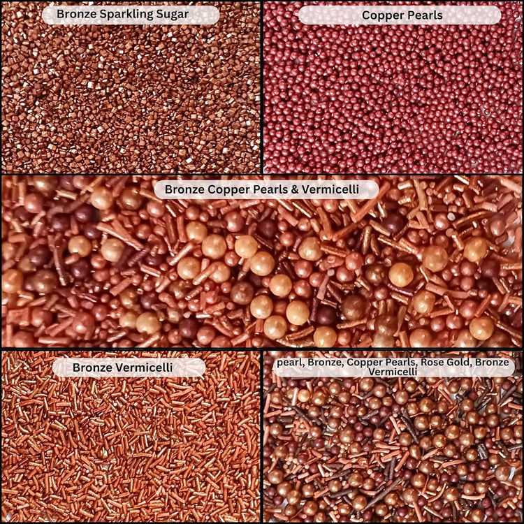 Confect Metallic Sprinkles Mix –Edible Pearl Dragees in Copper, Bronze & Rose Gold – Jimmies & Sparkling Sugar – Elegant Sprinkles for Cake & Cupcake Decorating- Vegan, Gluten-Free, Nut-Free, Soy-Free, Dairy-Free, Palm Oil-Free- 5 Oz