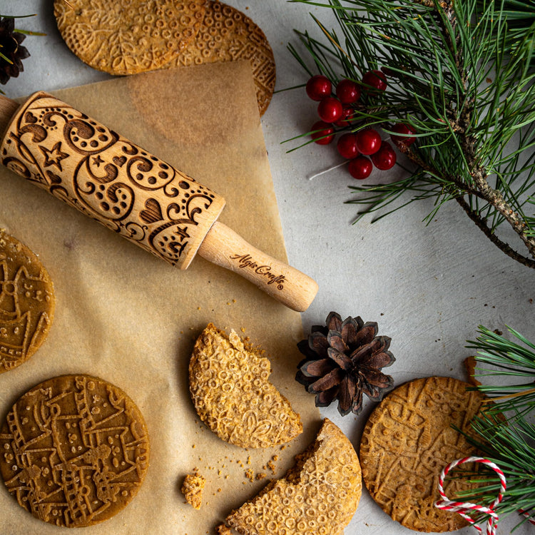 CHRISTMAS FEST 3 Mini Embossed Rolling Pin Set. Wooden Laser Engraved Textured rolling pins for Cookies