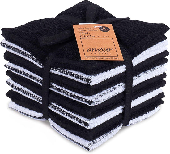 AMOUR INFINI Dish Cloths for Washing Dishes Set of 8 - Highly Absorbent, Super Soft Kitchen Dishcloths - Reusable Quick Dry Dish Rags for Cleaning & Drying Kitchen Linens (12x12 Inch - Black) - Nestoria