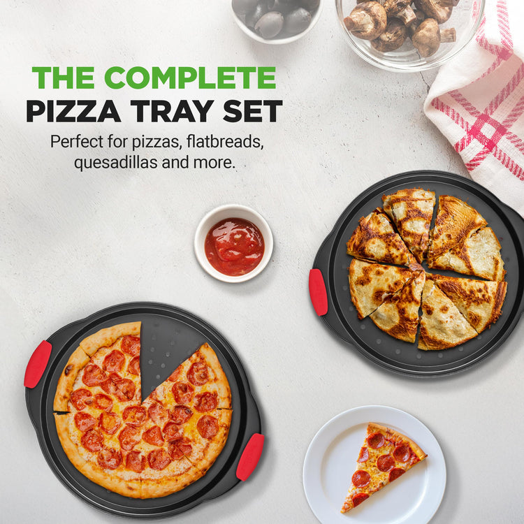 2-Piece 13-Inch Nonstick Pizza Tray, Round Carbon Steel Non-Stick Pizza Pan with Perforated Holes, Premium Bakeware Pizza Screen with Silicone Grip Handles, Dishwasher Safe, NCBPIZX2 (2 Count)