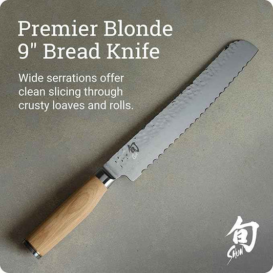 Shun Premier Blonde 9" Bread Knife, Handcrafted Japanese Serrated Knife, VG-MAX Core with Damascus Stainless Steel Cladding, Pakkawood Handle, Slicing Tool for Professional and Home Chefs
