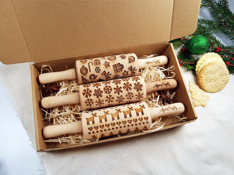 CHRISTMAS 3 Mini Embossed Rolling Pin Set Wooden Laser Engraved Textured rolling pins with Snowflakes