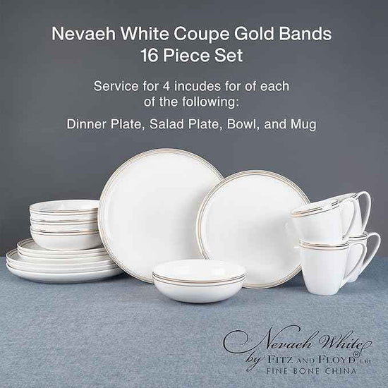 Everyday White by Fitz and Floyd Nevaeh Bone China Coupe Platinum Bands Dinnerware Set, Service for 4