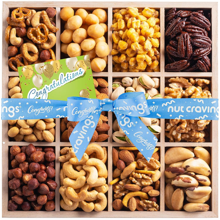 NUT CRAVINGS Gourmet Collection - Congratulations, Nuts Gift Basket with Congrats Ribbon + Greeting Card in Reusable Wooden Tray (12 Assortments) Graduation Food Arrangement, Healthy Snack, Food Assortments