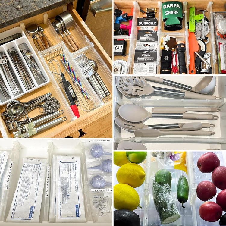 HiYZ Expandable Drawer Dividers - 12.6-22.8'' Adjustable Drawers Organizers for Kitchen Utensils, Drawer Separators in Bedroom, Dresser, Office, Bathroom, Fridge, 8 Pack Long Dividers-Clear