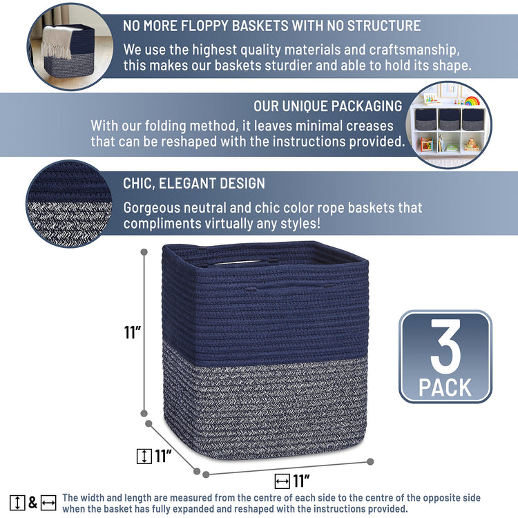 Storage Cubes 11 Inch Cotton Rope Woven Baskets for Organizing (3 Count)