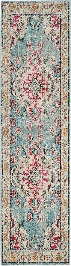 SAFAVIEH Monaco Collection Runner Rug - 2'2" x 8', Light Blue & Fuchsia, Non-Shedding & Easy to Clean, Distressed Medallion Design, Ideal for Living Room, Bedroom, Dining Space (MNC243J)