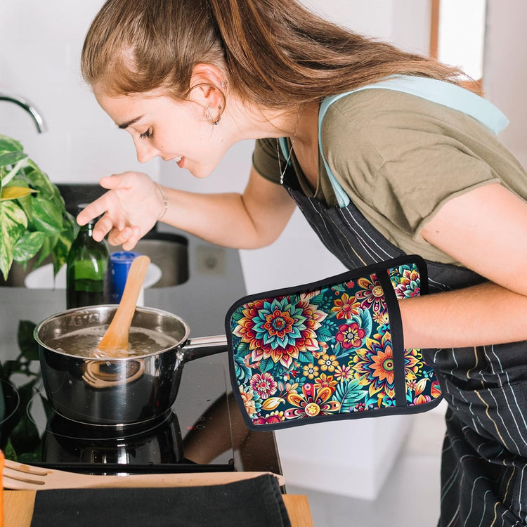 Vibrant Mandala Floral Pot Holders for Kitchen, Boho Abstract Colorful Ethnic Flower Botanical Heat Resistant Hot Pads and Oven Mitts for Baking Cooking