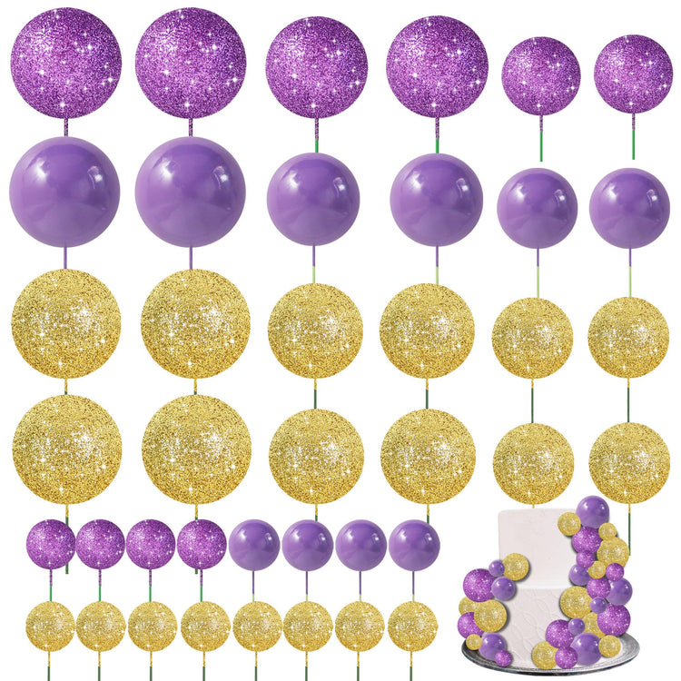 40 Pcs Ball Cake Toppers Mini Balls Cake Decorations Purple Gold Foam Balls DIY Cake Topper for Baking Congrats Grade 2026 Graduation Birthday Mardi Gras Lakers Decorations (40 Count)
