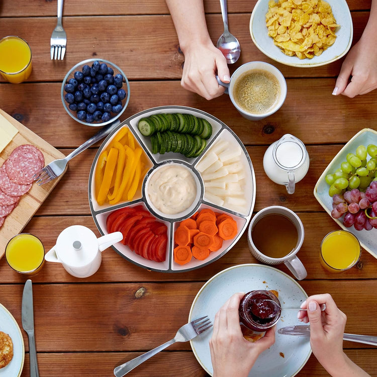 Plasticpro 6 Sectional Round Plastic Serving Tray/Platters White & Silver Pack of 8