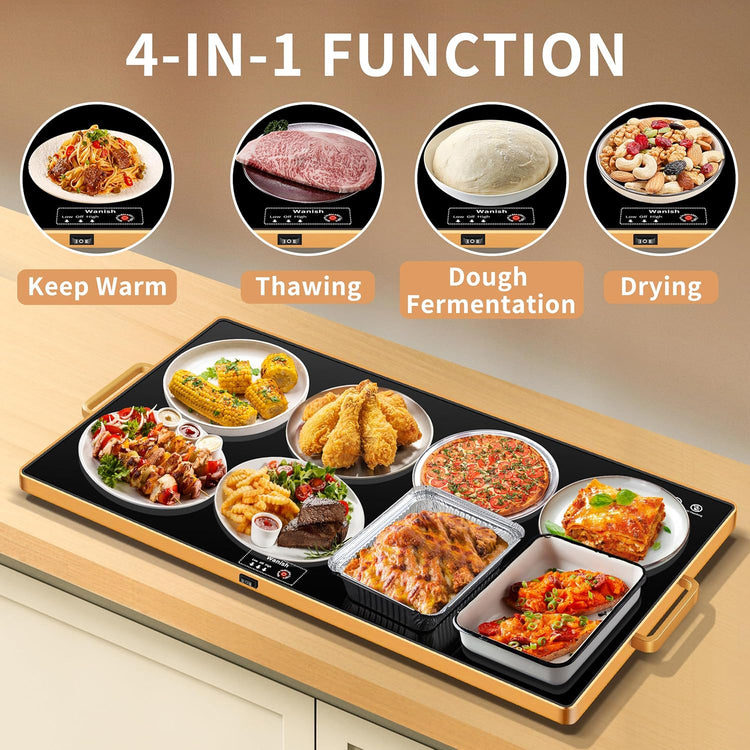 Electric Warming Tray (XXL 32”x18”)，Food Warmers for Parties Buffet with Thermostat & Full Surface Heating, Tempered Glass Warming Mat for Food, Temperature Adjustable Gold Handles Food Warming Mat