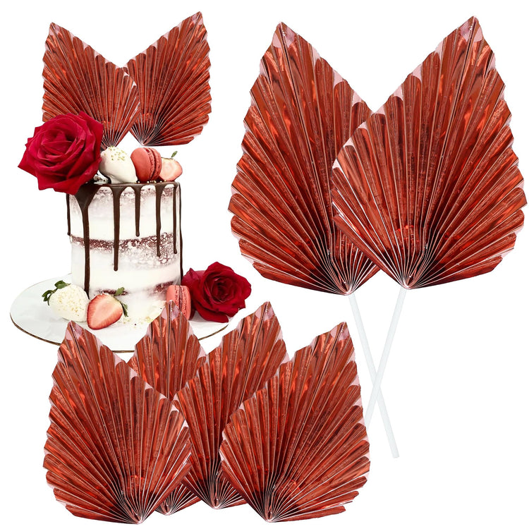 6Pcs Paper Palm Fan Cake Toppers Palm Spear Leaves Fan Cupcake Toppers Cake Insert Decorations Craft DIY Cake Bakeware Decoration for Birthday Wedding Party Supplies Light Rose Gold (6 Count)