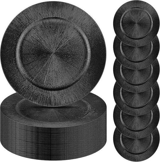 Tanlade 50 Pcs Charger Plates Bulk, 13 Inch Plastic Round Charger Dinner Plates Elegant Wedding Serving Plate for Event Tabletop Wedding Party Bridal Baby Shower Decor (Black)