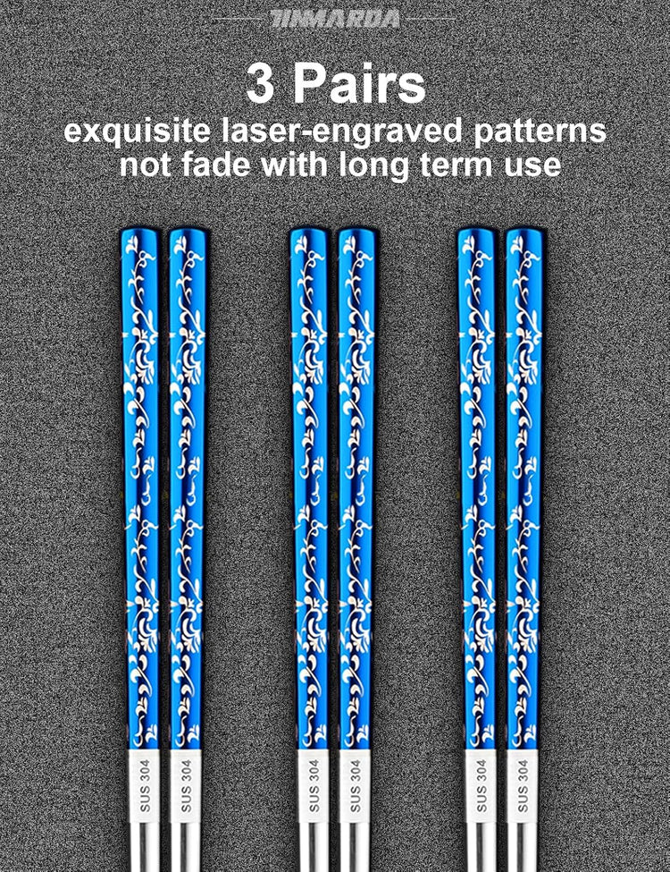 Metal Chopsticks Reusable, 3 Pairs Non-Slip Chop Sticks Reusable Dishwasher Safe, Titanium Plated Stainless Steel Chopsticks Present Set (Blue Silver)