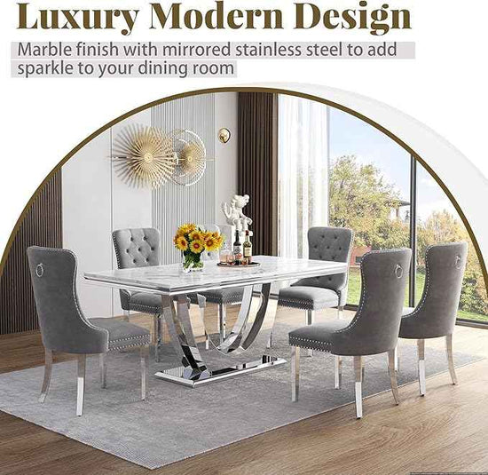 Marble Dining Table Set for 6,70" White Faux Marble Kitchen Tables and Velvet Chairs for 6,7 Piece Luxury Dining Room Table Set and 6 Upholstered Chairs with Silver Stainless Steel Bases