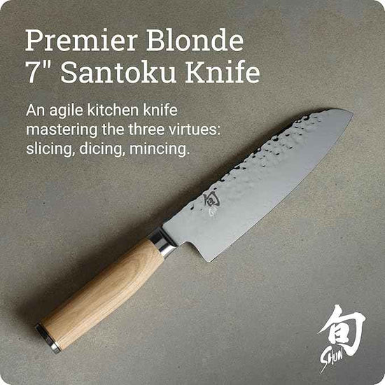 Shun Premier Blonde 7" Santoku Knife, Handcrafted and Hand-Sharpened Japanese All Purpose Knife, VG-MAX Core with Damascus Stainless Steel Cladding, Pakkawood Handle, Versatile Japanese Cutting Tool