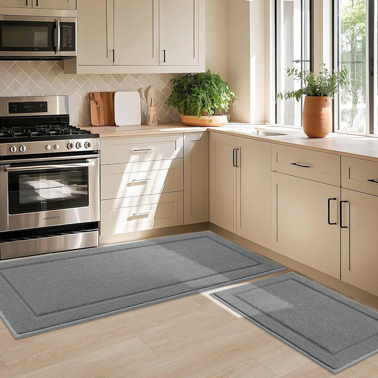JSEI Non-Slip Kitchen Mats, Self Adhesive No Sliding Kitchen Rugs Set of 2, Washable Absorbent Floor Mat for Kitchen, Bathroom, Laundry Room, Bedroom, 24”x36”+24”x60”, Light Grey, Rectangular Pattern