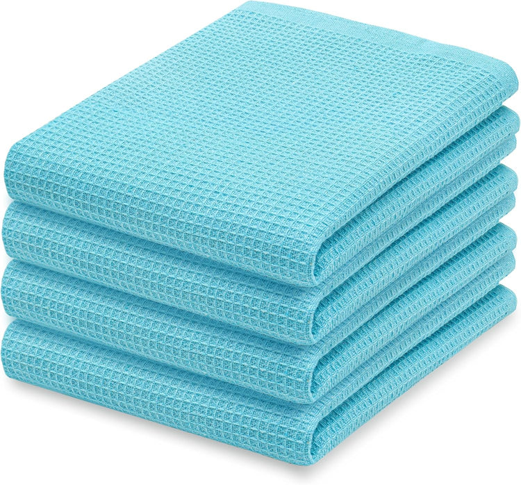 PurpleEssences Waffle Weave Kitchen Towel, 100% Cotton - 15 x 25 Inches, with Hanging Loop Ultra Soft Absorbent Quick Drying Dish Cloth, Tea and Hand Towels, 4 Pack - Spring Summer - Aqua Blue - Nestoria