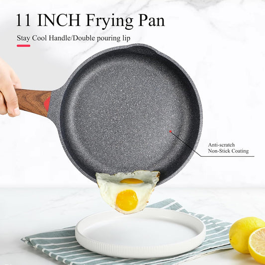 Vinchef Nonstick Frying Pan Anti Scratch,11 Inch Skillet Cast Aluminum Cookware with Wooden Stay Cool Handle, Induction Compatible - Nestoria