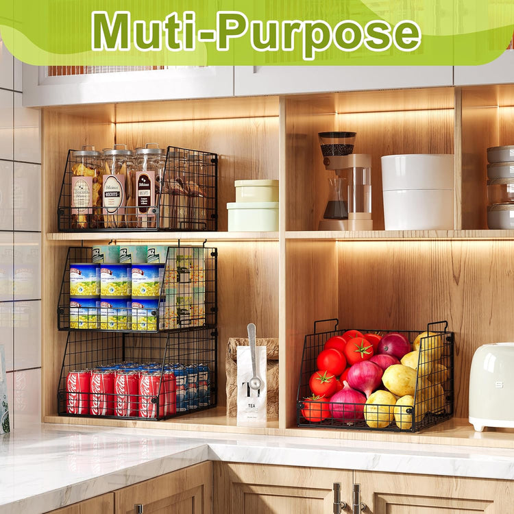 4 Pack XXL Stackable Wire Storage Basket, Extra Large Capacity Pantry Organizer and Storage, Muti-Purpose for Fruit Vegetable Basket & Toy Bin & Snack Organizer
