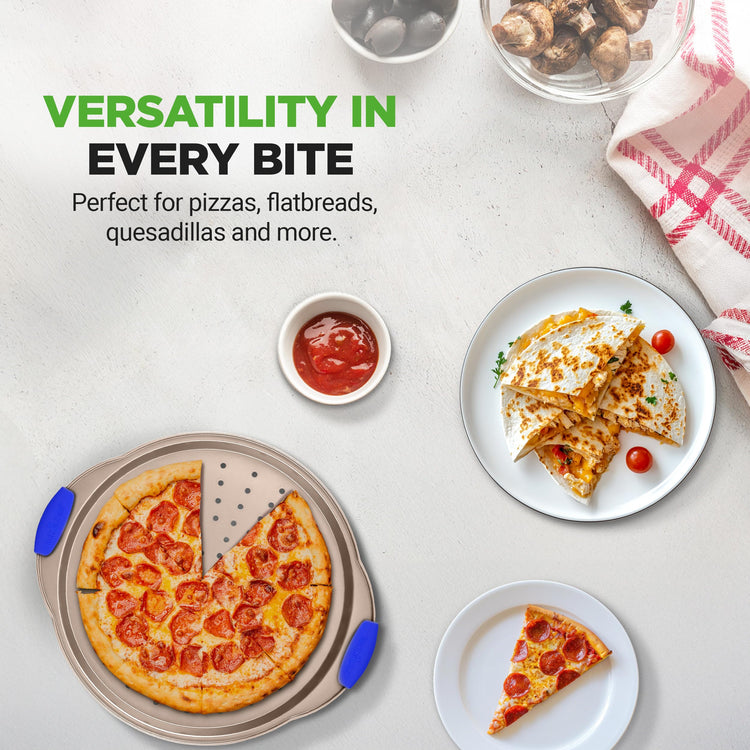 13-Inch Non-Stick Pizza Tray - with Silicone Handle, Round Steel Non-stick Pan with Perforated Holes, Premium Bakeware, Pizza Tray with Extended Handles, Dishwasher Safe - Champagne Gold