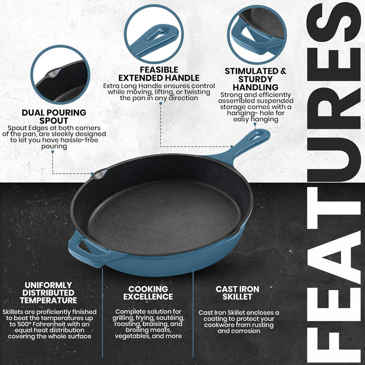 Utopia Kitchen Cast Iron Frying Pan 12 Inch, Cast Iron Chefs Pan, Pre Seasoned Skillet, Safe Grill Cookware for Indoor & Outdoor Use, Teal - Nestoria