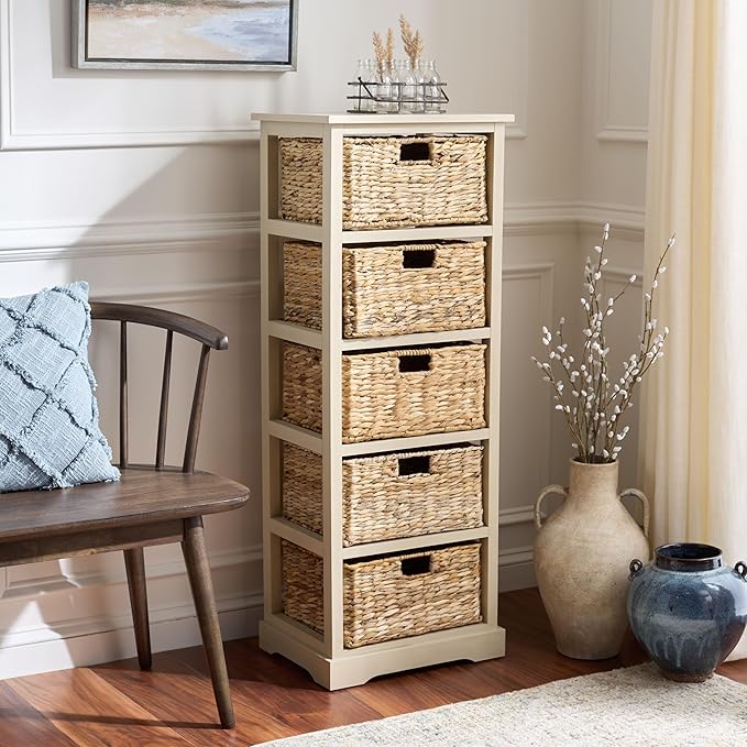 SAFAVIEH Home Collection – Vedette Sand 5-Basket Storage Tower, Natural Rattan Accent Design, Fully Assembled (AMH5739G)