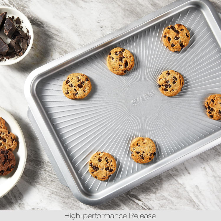 SYAINN Non-stick Ceramic Baking Sheet Set, 3 Pieces- Aluminum Steel Cookie Sheets for Baking-Includes Half/Quarter/Jelly Roll Pans-Warp Resistant, Toxic, PTFE & PFOA Free-Blue