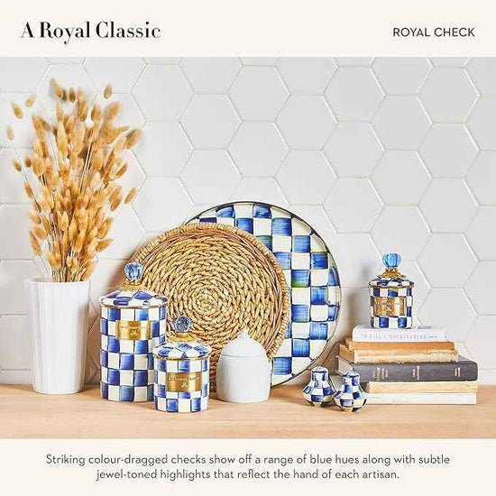 MACKENZIE-CHILDS Enamel Salt and Pepper Shakers, Kitchen Table Spice Shaker Set, Blue-and-White Royal Check, Small