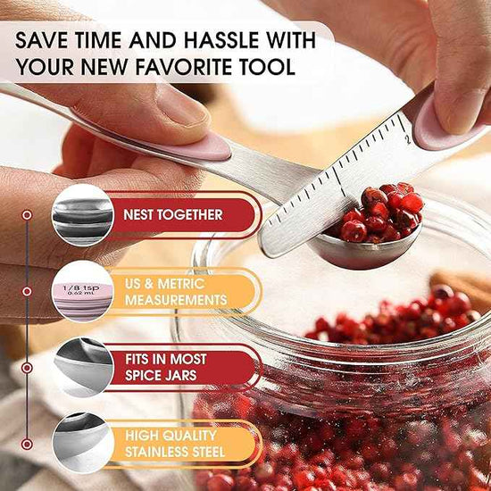 Spring Chef Stainless Steel Magnetic Measuring Spoons Set of 8 with Leveler, Dual Sided Teaspoon & Tablespoon Measuring Spoons with Strong Magnets, Kitchen Gadgets for Baking & Cooking - Pink Lemonade