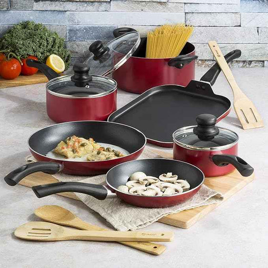 Ecolution Easy Clean Nonstick Cookware Set, Dishwasher Safe Kitchen Pots and Pans Set, Comfort Grip Handle, Even Heating, Ultimate Food Release, 12-Piece, Red