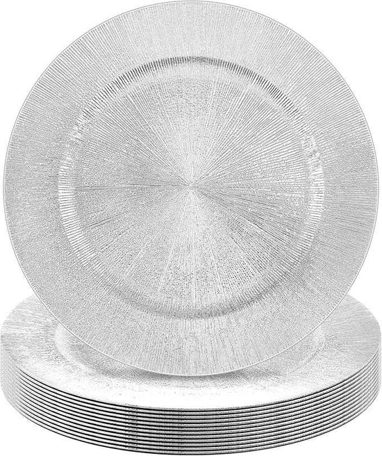 Tanlade 12 Pcs Charger Plates Bulk 13 Inch Plastic Round Wedding Chargers Floral Decorative Plates with Metallic Ruffled Rim for Wedding Party, Holiday Event Supplies(Silver)