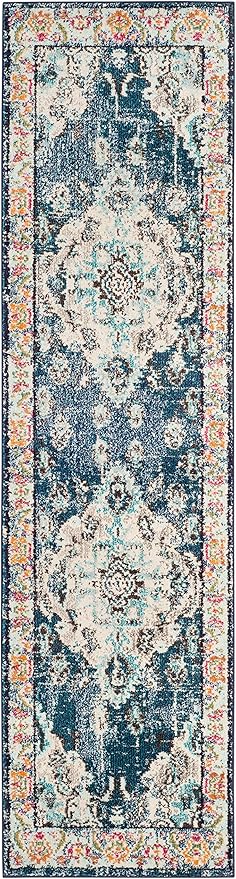 SAFAVIEH Monaco Collection Runner Rug - 2'2" x 14', Navy & Light Blue, Non-Shedding & Easy to Clean, Distressed Medallion Design, Ideal for Hallway, Foyer, Entryway, Kitchen, Bedroom (MNC243N)