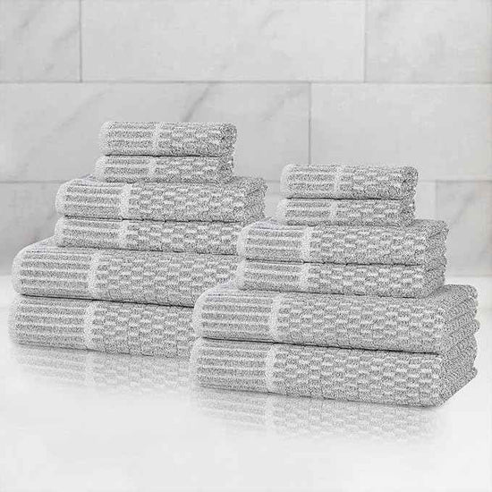 Superior Juno Viscose Cotton Blend Medium Weight Towels, for Bathroom, Shower, Spa, Plush, Quick Dry, Ultra-Soft Towels, Bath Essentials, Border Detail, 12 Piece Assorted Towel Set, Charcoal