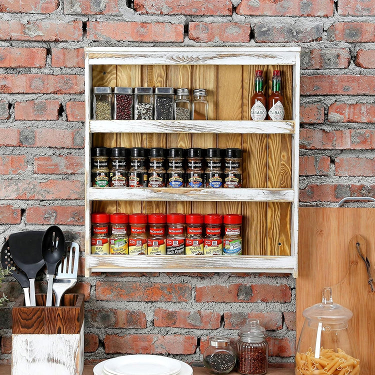 3 Tier Spice Rack Wall Mount Rustic Wood Kitchen Shelf