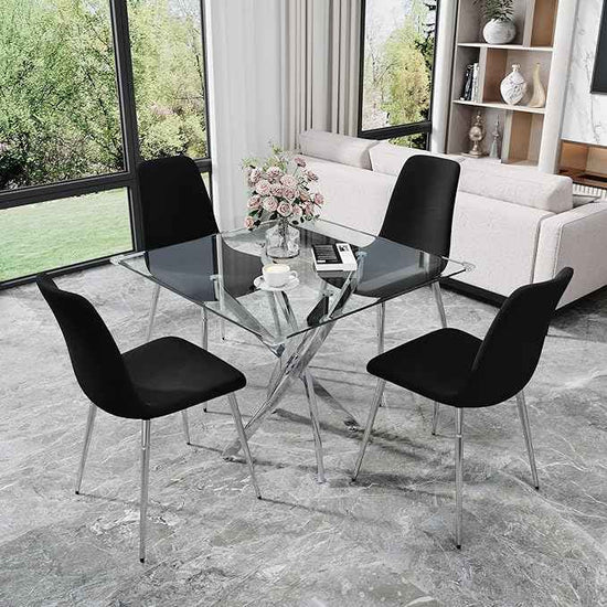 36" Square Glass Dining Table Set for 4, 5-Piece Modern Kitchen Table with 4 Black Velvet Chairs, Modern Circle Leisure Table for Home Office Dining Room Small Spaces (Silver Leg)