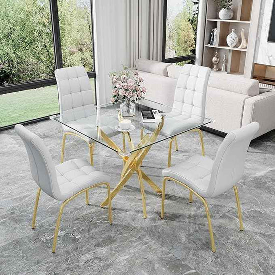 5 Piece Square Glass Dining Table Set, Round Tempered Glass Kitchen Table for 4, Modern Table with 4 High-Back Upholstered Chairs for Kitchen Dining Room (Gold Legs, 4 White Chairs)