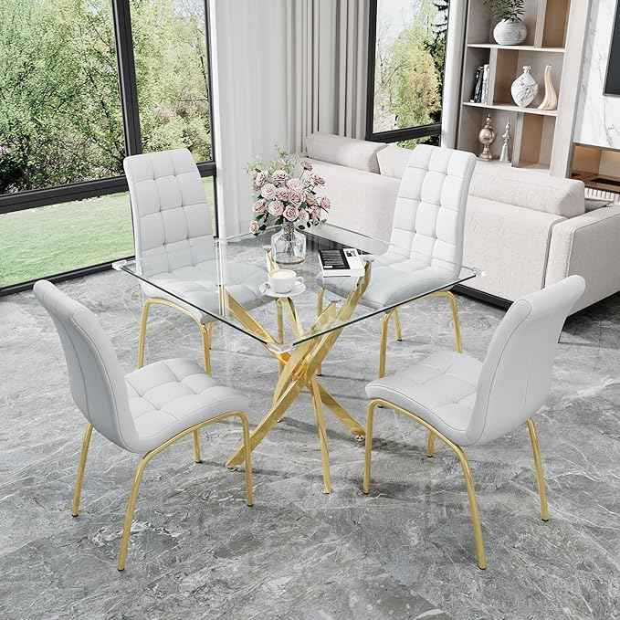 5 Piece Square Glass Dining Table Set, Round Tempered Glass Kitchen Table for 4, Modern Table with 4 High-Back Upholstered Chairs for Kitchen Dining Room (Gold Legs, 4 White Chairs)