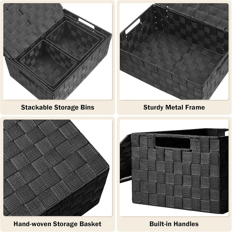 Storage Bins Baskets for Organizing with Lids, Storage Baskets for Shelves Stackable Woven Basket, Gift Small Basket Storage Cubes, Decorative Wicker Basket with Built-in Handles (5 Pack, Black)