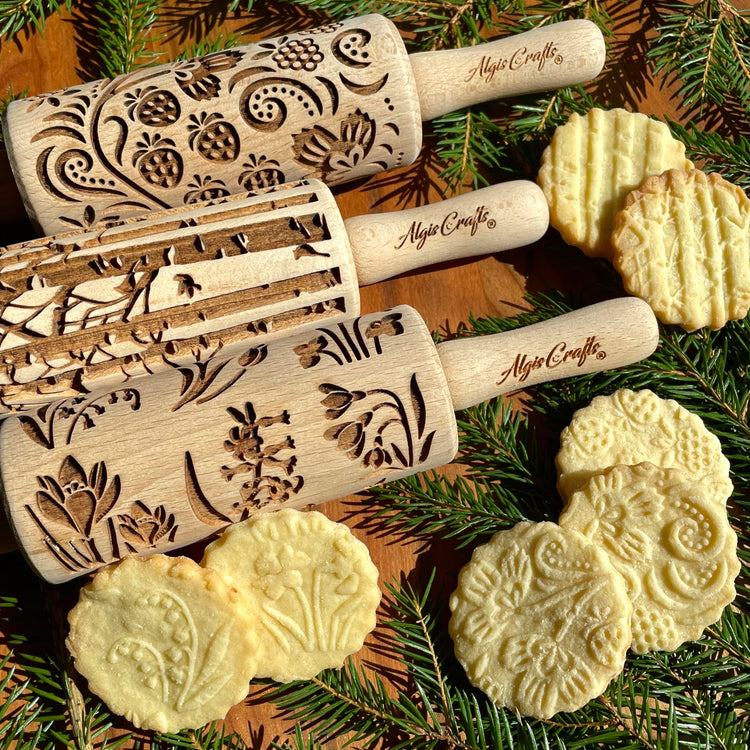 SEASONS 3 Mini Embossed Rolling Pin Set. Wooden Laser Cut Mini Rolling Pins for cookies or clay with spring flowers