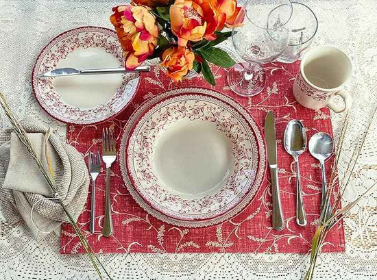 Tudor Royal Collection 30 Piece Round Dinnerware Set, Service for 6, Aster Pink Design, Red Floral, Plates Bowls Saucers Mugs Dishes, High Gloss Premium Quality