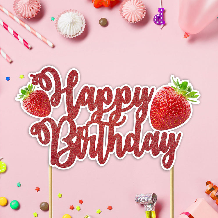 Real Strawberry Happy Birthday Cake Topper