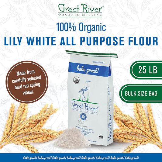 Great River Organic Milling Lily White Organic All-Purpose Flour | Unbleached & Unbromated | Non-GMO, Kosher | Ideal for Bread, Cookies, Cakes, Pizza Dough & Everyday Baking | 25 Lb - Nestoria