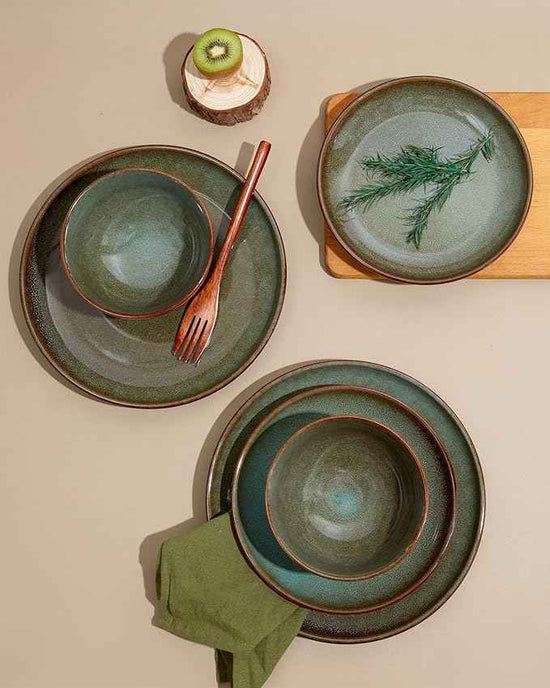 32 Piece Double Bowl Dinnerware Sets with Pasta Bowls, Highly Chip and Crack Resistant Plates and Bowls Sets, Natural Earthyware Ceramic Dishware Sets, Service for 8 Brown Green