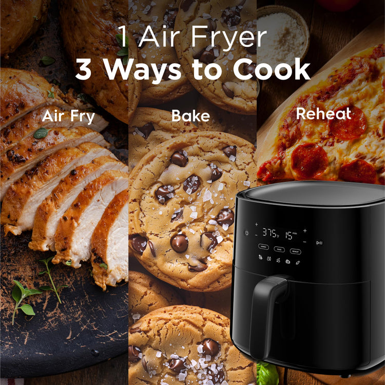 3-in-1 Air Fryer, Large 5.3 QT Capacity, Digital Display, 3 Cooking Modes, 5 Recipe Presets, Automatic Shake Reminder, PFAS-Free Cooking Surfaces, Black